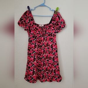 Heart Print Mini Dress Y2K-Inspired Puff Sleeve Ruched Bust Valentine Size M